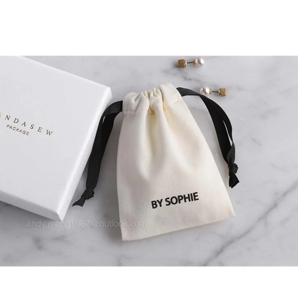 personalized 50  jewelry packaging  8 ounce Cotton canvas bags logo  with ribbon bag custom chic small  wedding  favor beige