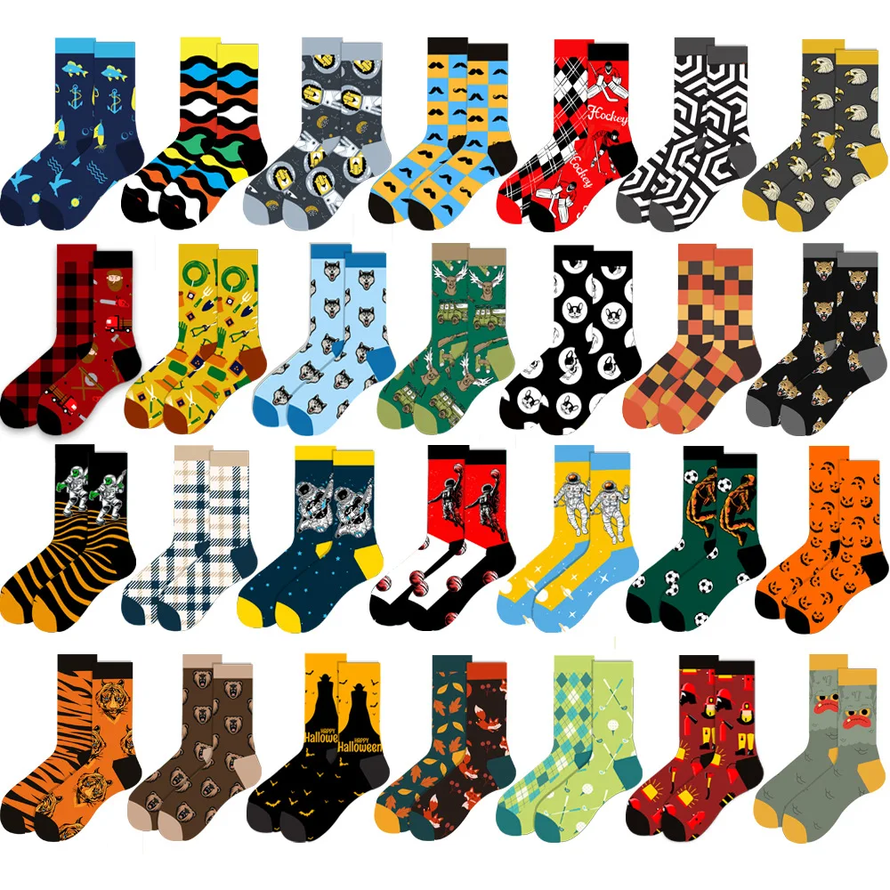 New Colorful Mens Hip Hop Cool Socks Combed Cotton Animal Astronaut Geometric Women\'s Long Socks Halloween Business Dress