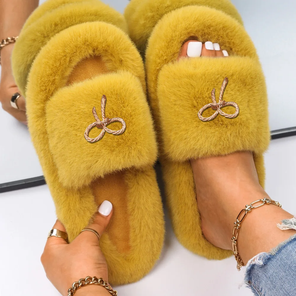 

Women's Fluffy Slippers Metal Rope Bow Faux Fur Slides Flip Flops Designer Fluffy Sandals Indoor Slippers Luxury Winter Shoes