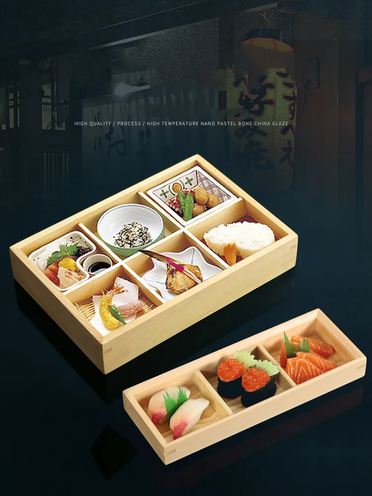 Japan Style cuisine sashimi plate two three four six grid wooden box multi grid sushi dessert dining plate