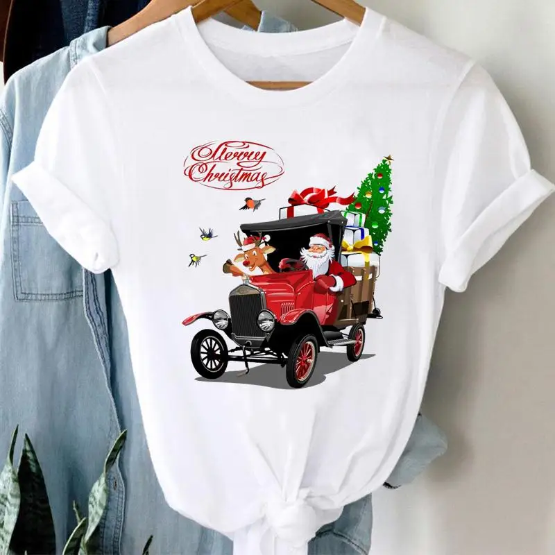 

2022 Happy New Year Merry Christmas Print Tshirts Women Clothes Funny Santa Claus T Shirt Femme Graphic T-Shirt Female Tops