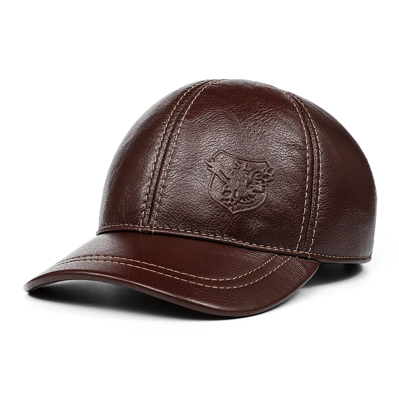 Branded New Mens Genuine Leather Baseball Caps Male Printed Casual Brown/Black Ear Warm Hats With Tab Dad Gift Golf Chapeau