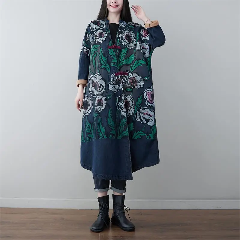 Female new spring washed literary and artistic V-neck  disc button cardigan long slim personalized plus size trench