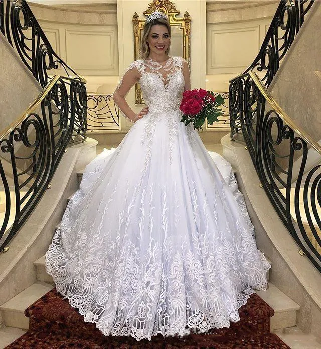 خمر Vestido De Noiva الدانتيل زين الكرة فساتين الزفاف 2022 المحكمة قطار سكوب كم طويل زي العرائس Vestidos Novia