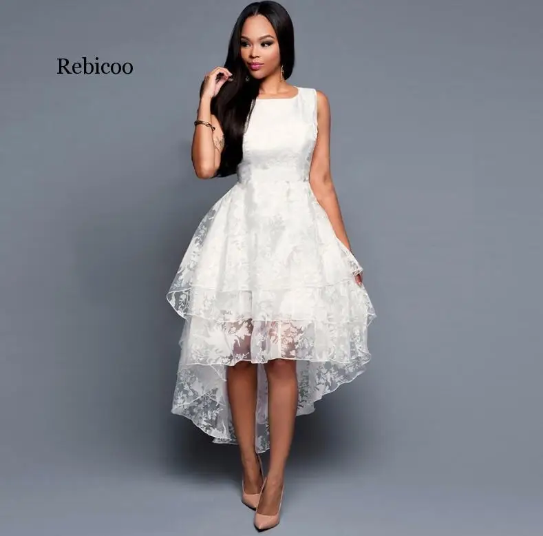 Fashion Spring Summer High Low Dresses sleeveless Elegant Slim Front short back long Puffy Party Dress White Women Tulle Dress