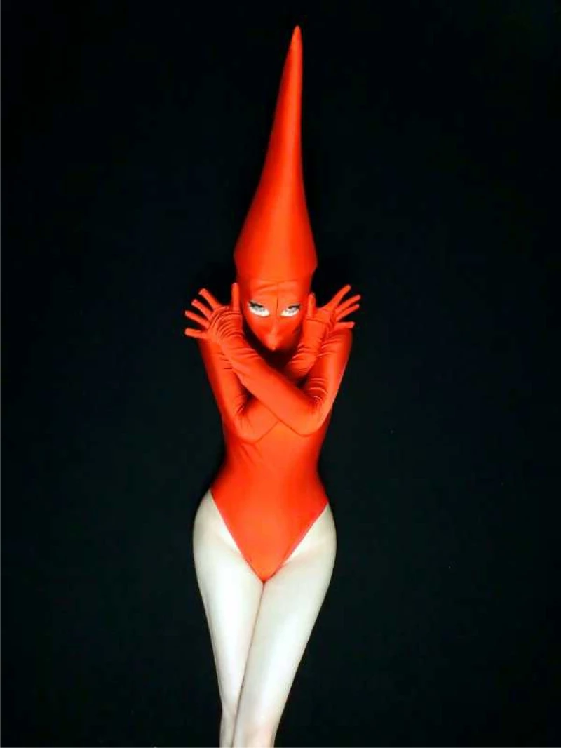 Red Pointed Hat Stretch Skinny Bodysuit Sexy Nightclub Halloween DJ Singer Dance Teams Costume Role Playing Stage Clothing