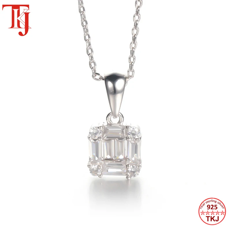 

TKJ 925 Sterling Silver Women Necklaces Baguette AAA+ CZ Zircon Pendant Necklace for Girls Chain Necklace Wedding Party Jewelry