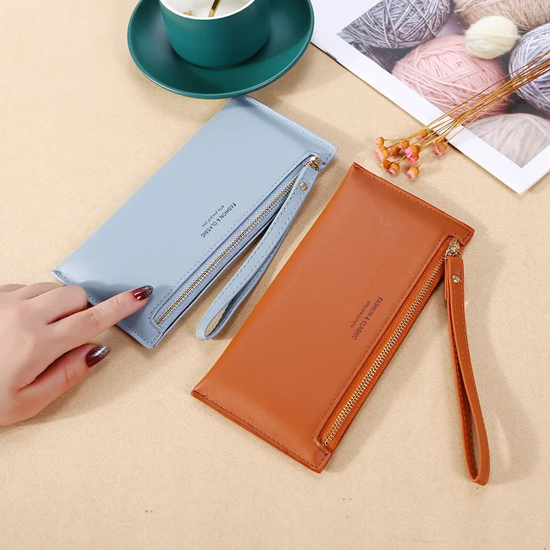 6-Colour Fashion Women Girls Thin Wallets PU Leather Zipper Long Coin Purses with Wristband Female Ladies Clutch Card Holder