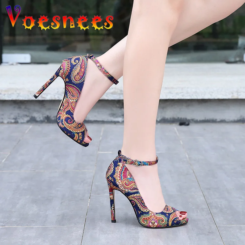 Voesnees Women Pumps 2021 Fashion Fish Mouth Ethnic Printing Open Toe Large Size High Heel Shoes 11CM Female Catwalks Stilettos