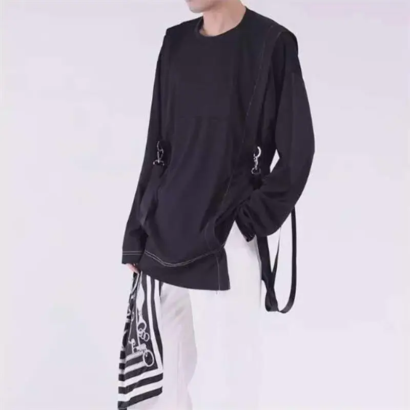 Men's new dark men's long-sleeved T-shirt with asymmetrical bottom edge white line design of casual and loose large size T-shirt