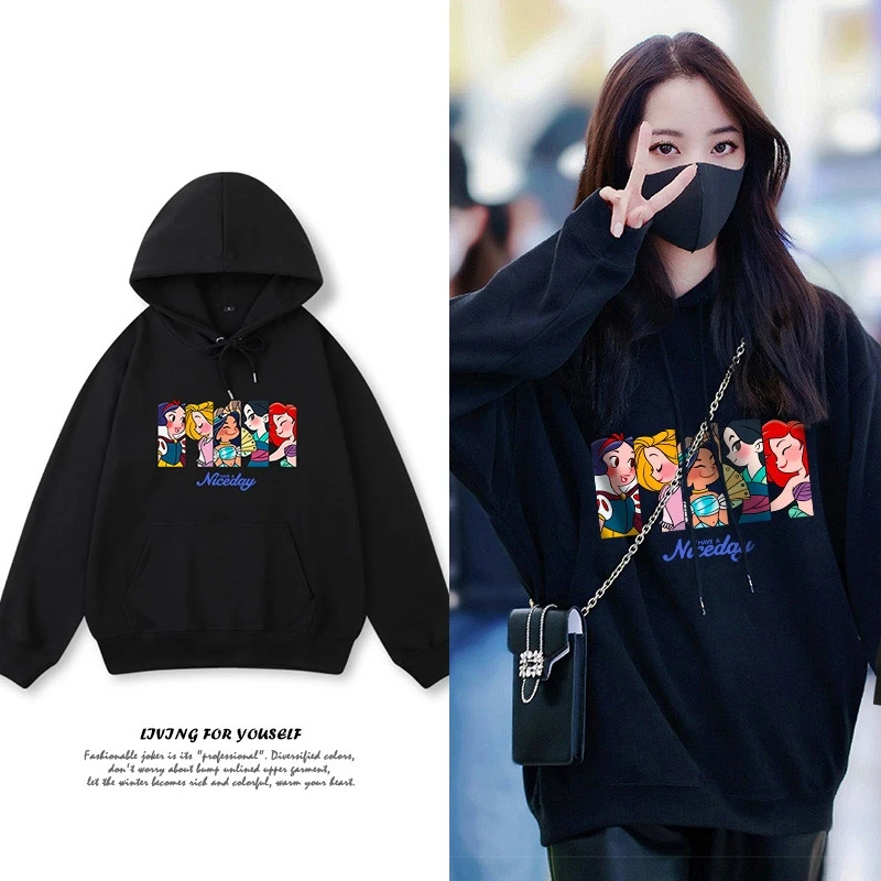 Disney Princess Sweatshirt Women\'s 2021 New Fall Winter Loose Hooded Black Thick Jacket Winter Clothes Women