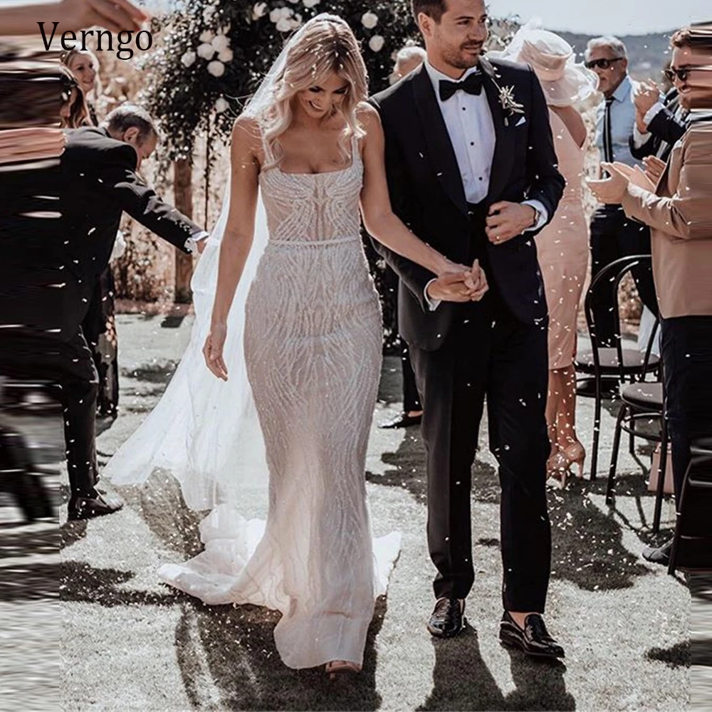 Verngo syrena suknia ślubna koronka brokat kwadratowy dekolt Sexy bez pleców suknie ślubne urocze suknia dla panny młodej 2024 szata de mariage