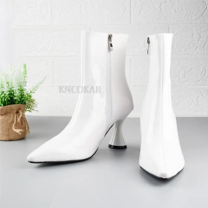 

2021 European and American fashion pointed patent leather candy color set feet solid color mid boots stiletto high heel women's