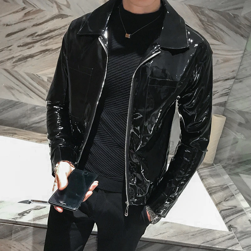 New Leather Jacket Shiny Men\'s Jacket and Coats Red Coffee Black  Stage Costume Nightclub Singer Club Party Jacket Men Clothing