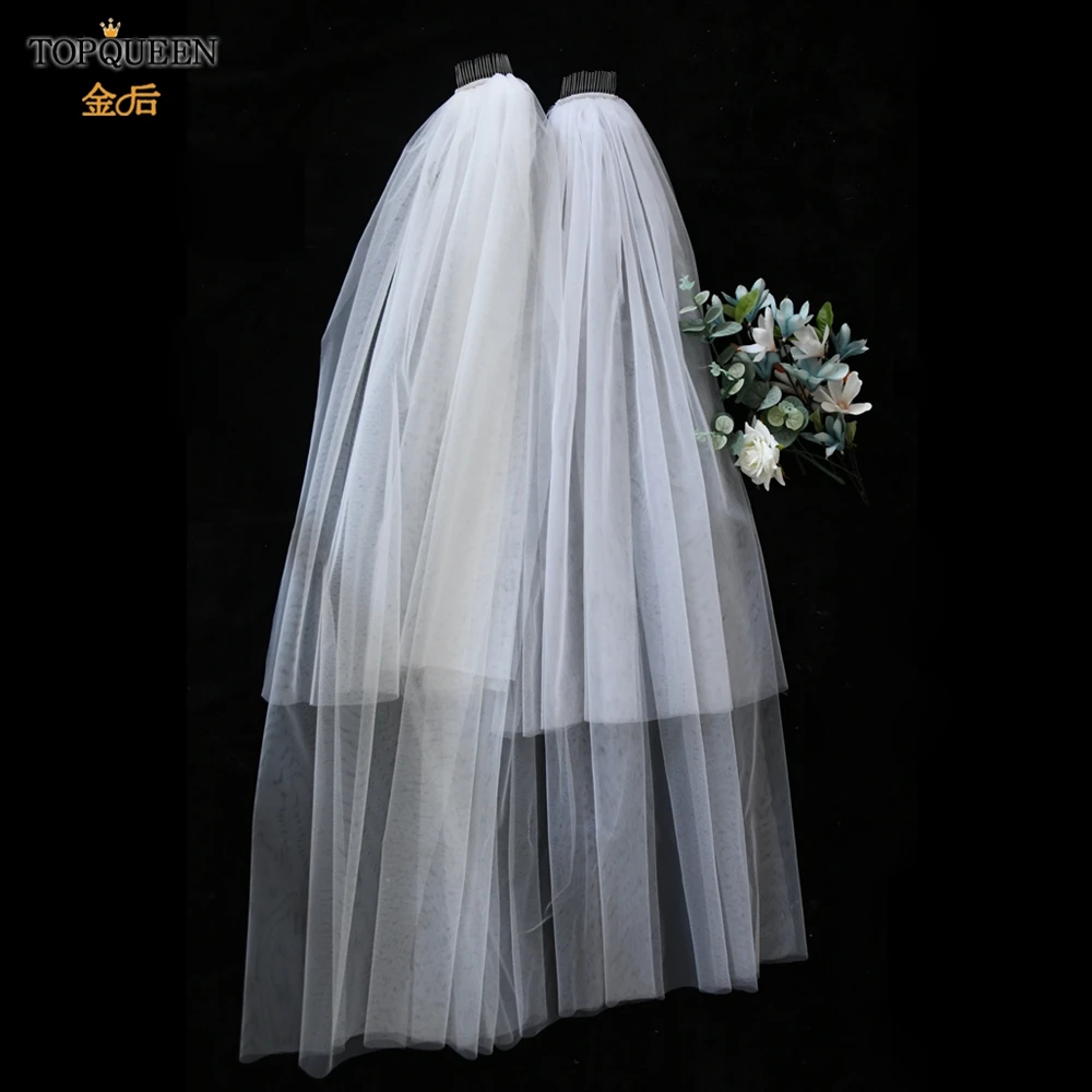 TOPQUEEN – voile de mariage en soie doux, à deux couches, Simple, détachable, minimaliste, V25