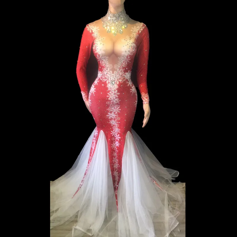 

Christmas Party Bodycon Rhinestone Mermaid Dress Christia Bella Prom Celebration Women Mesh Trailing Dress Singer Stage Costumes