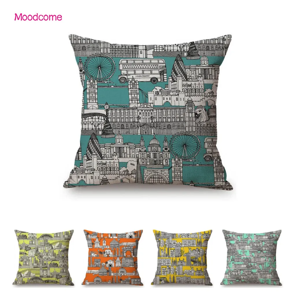 Toile de Jouy New York London Paris Blue Yellow Green Orange Fashion Pattern Sofa Throw Pillow Case Cotton Linen Cushion Cover