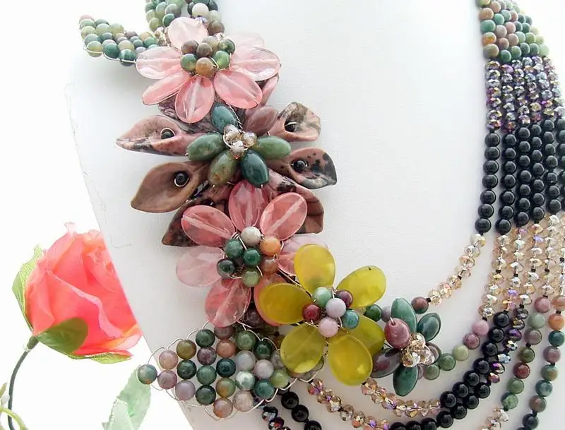 Y·YING Freshwater Black Pearl Agates Onyx Crystal Flower statement Necklace 22\