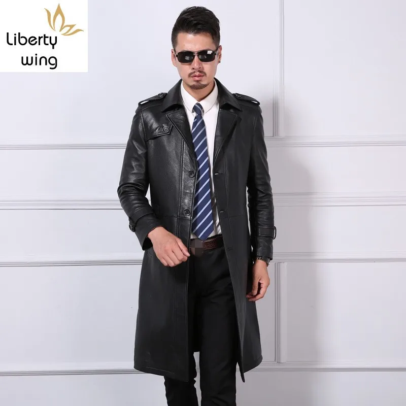 High Quality Luxury Mens Genuine Leather Coat Fashion Solid Lapel Collar Outerwear Male Autumn Long Sheepskin Jacket Plus Size