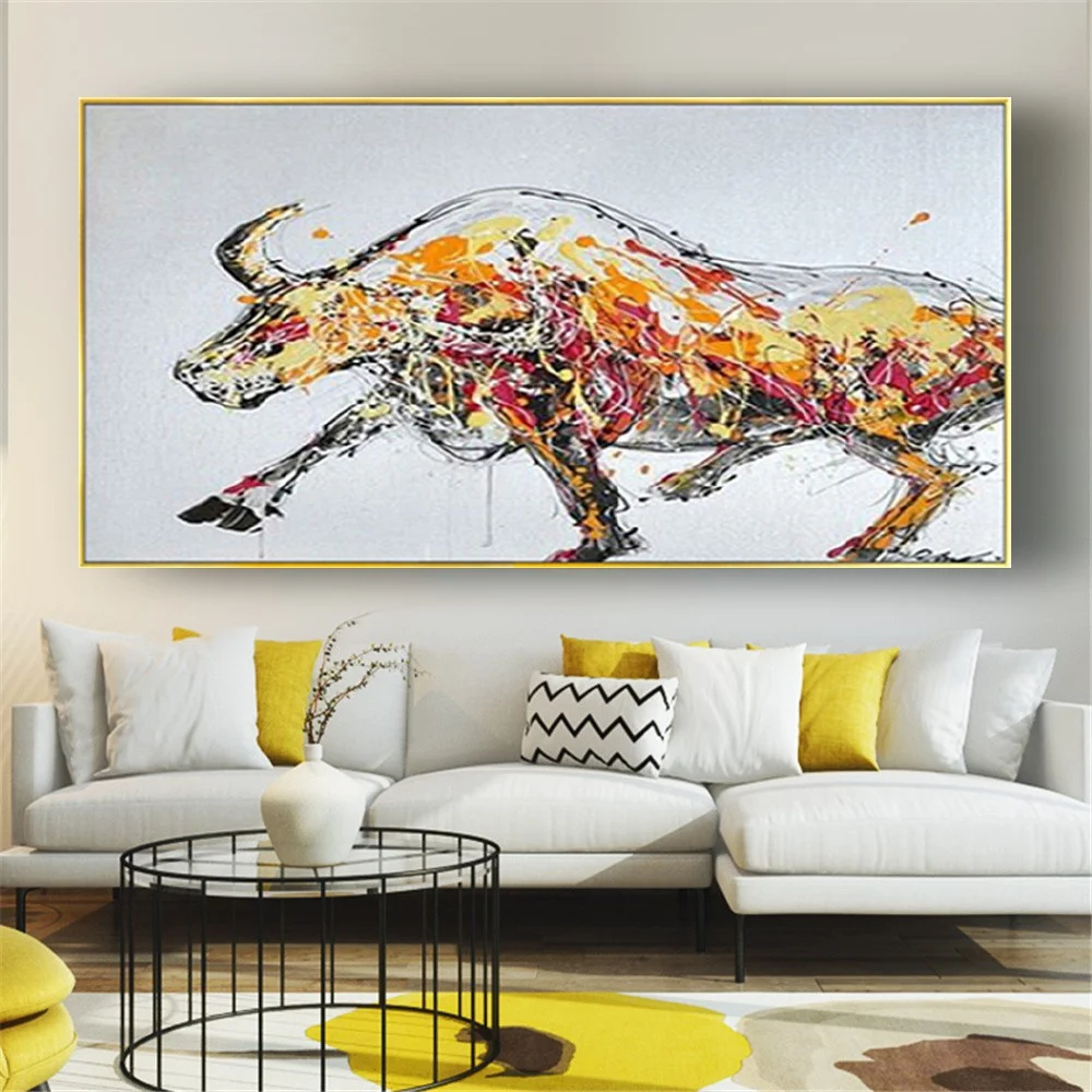 

Bull Picture Hand-Painted Modern Abstract Oil Painting On Canvas Animal Wall Art For Home Living Room Porch Hall Office Decor