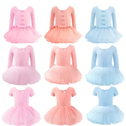 Robe Tutu de danse de Ballet pour filles, tenue de haute qualité pour enfants, manches courtes/longues, Tulle, dos en V, nœud papillon, gymnastique, justaucorps