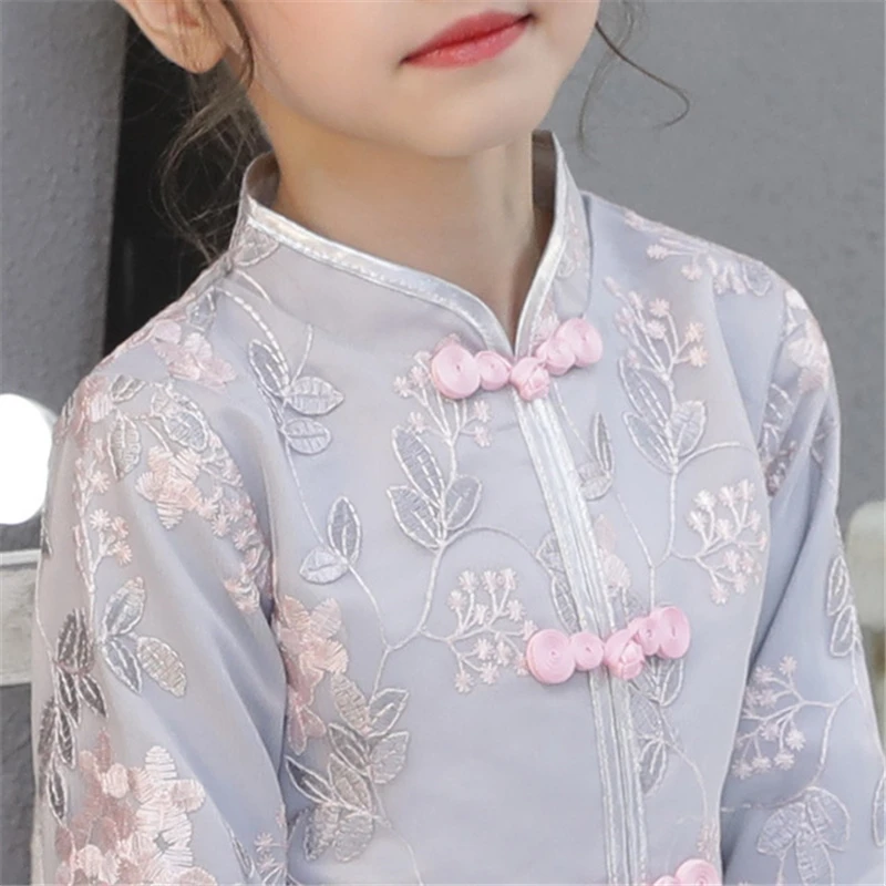 Grau Kind Prinzessin Party Durchführung Spitze Stickerei Kleider Geburtstag Mädchen Kleider qipao moderne vestidos de festa chinos