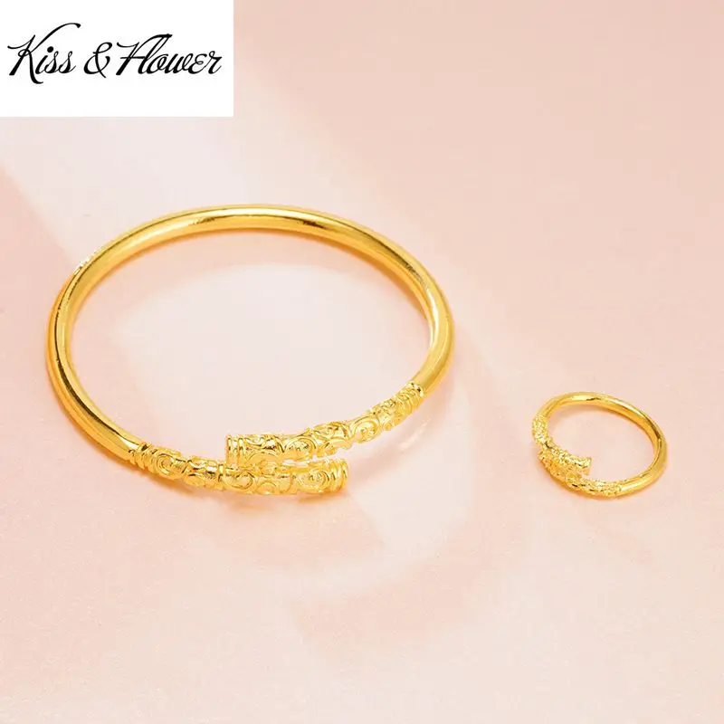 KISS&FLOWER Gold Vintage Wukong Golden Hoop Bracelet Bangle+Ring Set For Women Men Lover Couple Birthday Wedding Party Gift JS20