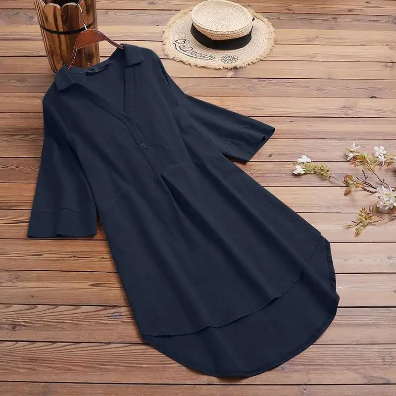 ZANZEA Fashion Summer Lapel Neck 3/4 Sleeve Solid Blouse Women Shirt Casual Loose Long Tops Tunic Femininas Work Blusas Chemise