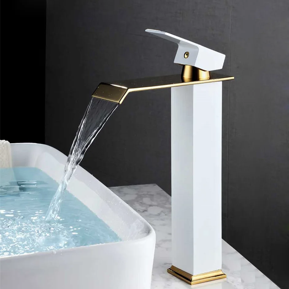 Basin Waterfall Faucet White & Gold Brass Bathroom Sink Faucet Single Handle Hole Deck Vintage Wash Hot and Cold Mixer Tap Crane