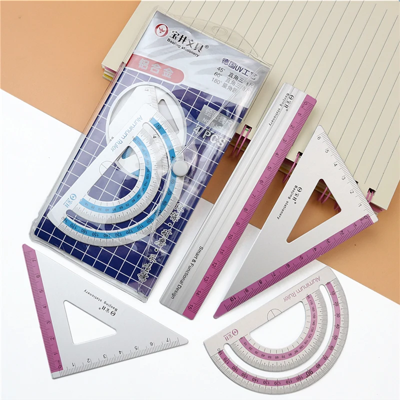 Aluminum alloy ruler Fillet safety Right Angle Triangle Ruler and 15cm ruler Protractor Student geometry tools