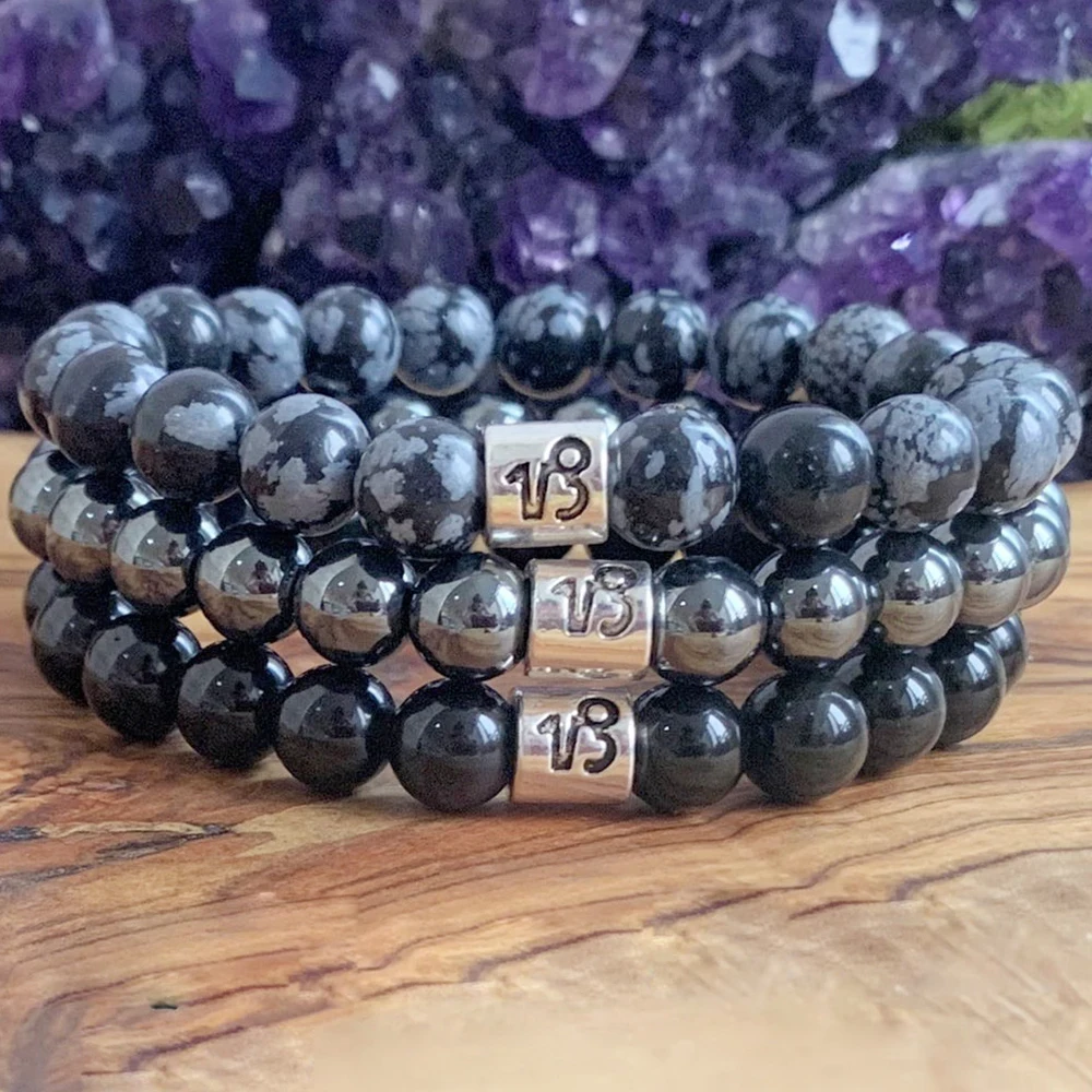 MG1311 Capricorn Zodiac Charm Stack Bracelet Set Snowflake Obsidian Yoga Mala Bracelet Spiritual Hematite Wrist Mala Jewelry