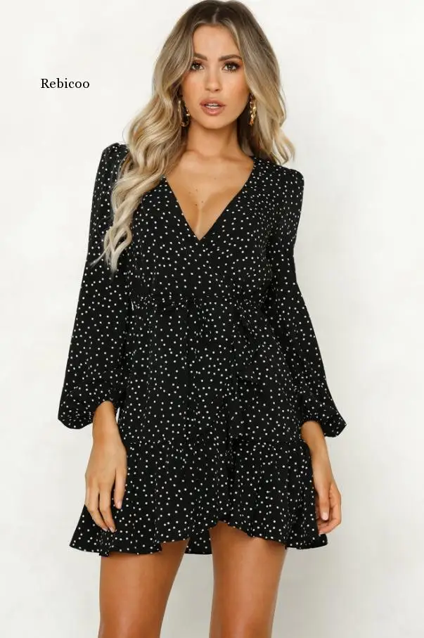 Black Print Polka dots Dress High Stretch Ruffles Chiffon Sashes Lace Up Dress Long Sleeve Women Party Clothesta