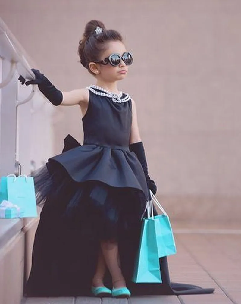 Criança preto oi-lo vestidos da menina de flor para festa e casamento crianças princesa vestido tutu dama de honra primeira comunhão para meninas o pescoço