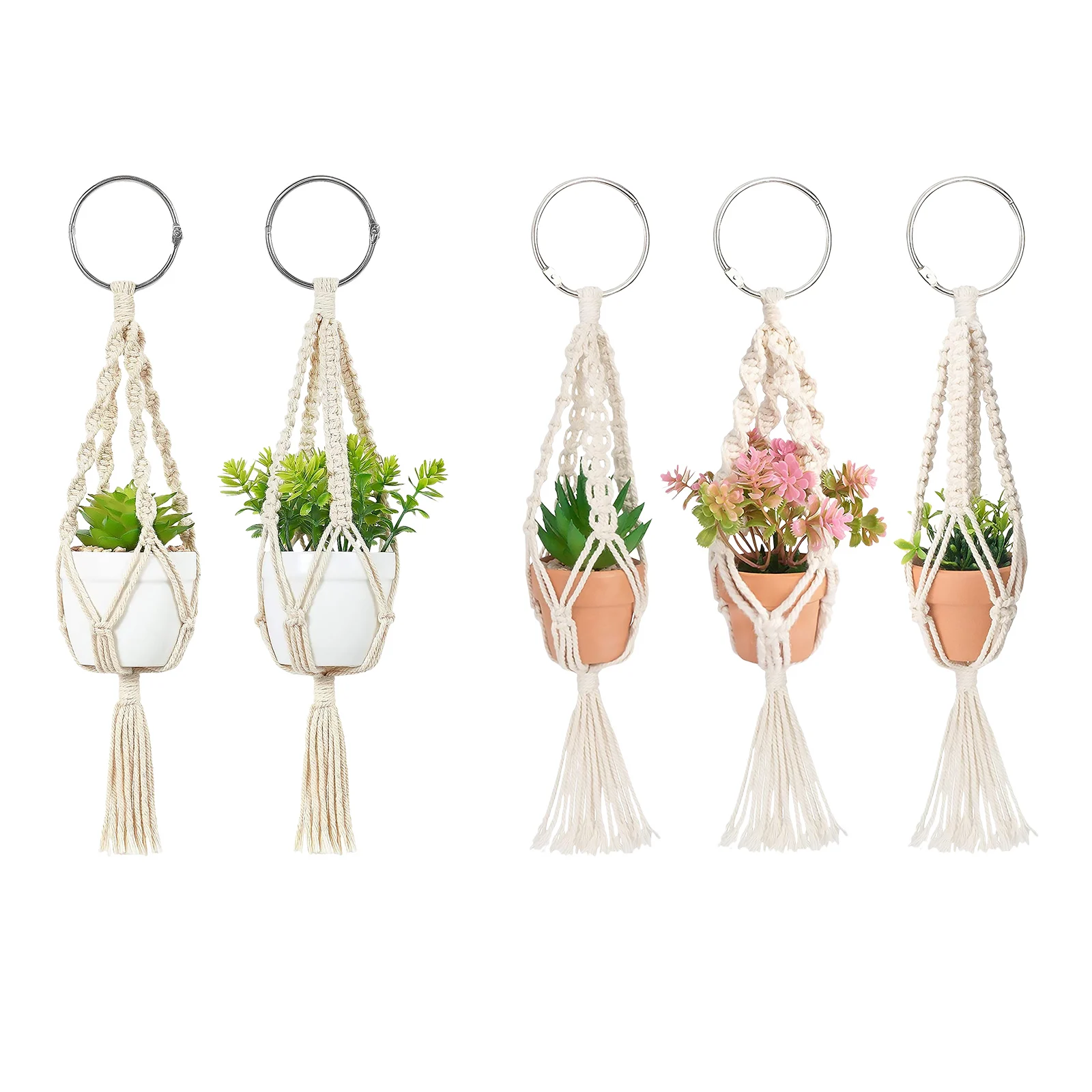 2 sztuk Macrame roślin wieszaki Boho wiszący Ornament ozdoby roślin wieszaki na sztuczne soczyste rośliny Mini kosz roślin