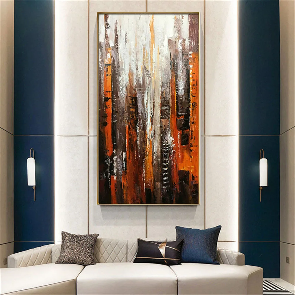 

Hand-Painted Oil Paintings Modern City Architecture Landscape Orange Thick Oil Textured Canvas Painting Living Room Salon Mural