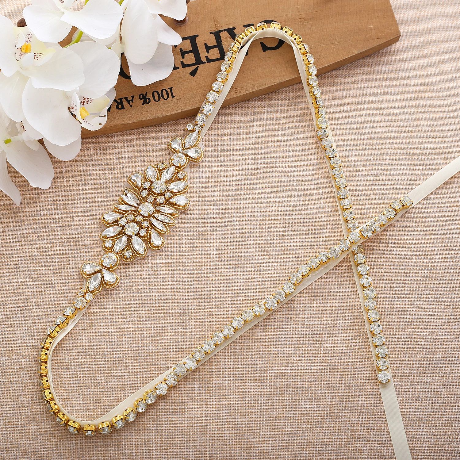 35.82In Gold Crystal Wedding Belt Rhinestones Bridal Belt  With Pearls Ribbons Bridal Sash For Wedding Dress J192G