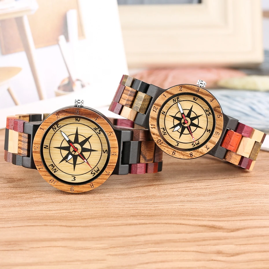 Royal Compass Dial Wood Watch for Couple Men Bamboo Watch Full Wooden Mixed Color Wrist Quartz Watch Women Luxury Souvenir Gifts