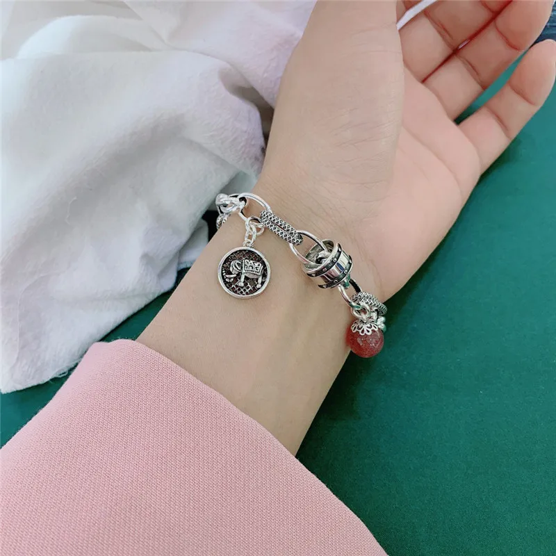 New Arrival 100% 925 Sterling Silver Elegant Elephant Animal Tag Strawberry Quartz Lady Charm Bracelets Jewelry For Women Gifts