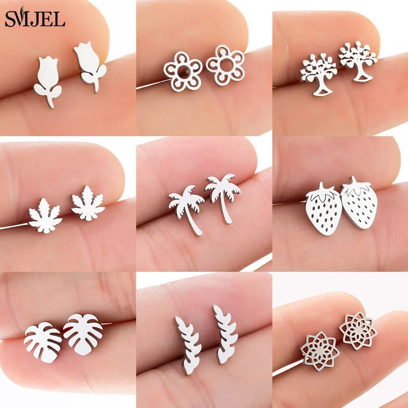 Fashion Bohemian Coconut Tree Earrings for Women Tiny Jewelry Stainless Steel Earrings Tulip Flower pendientes mujer