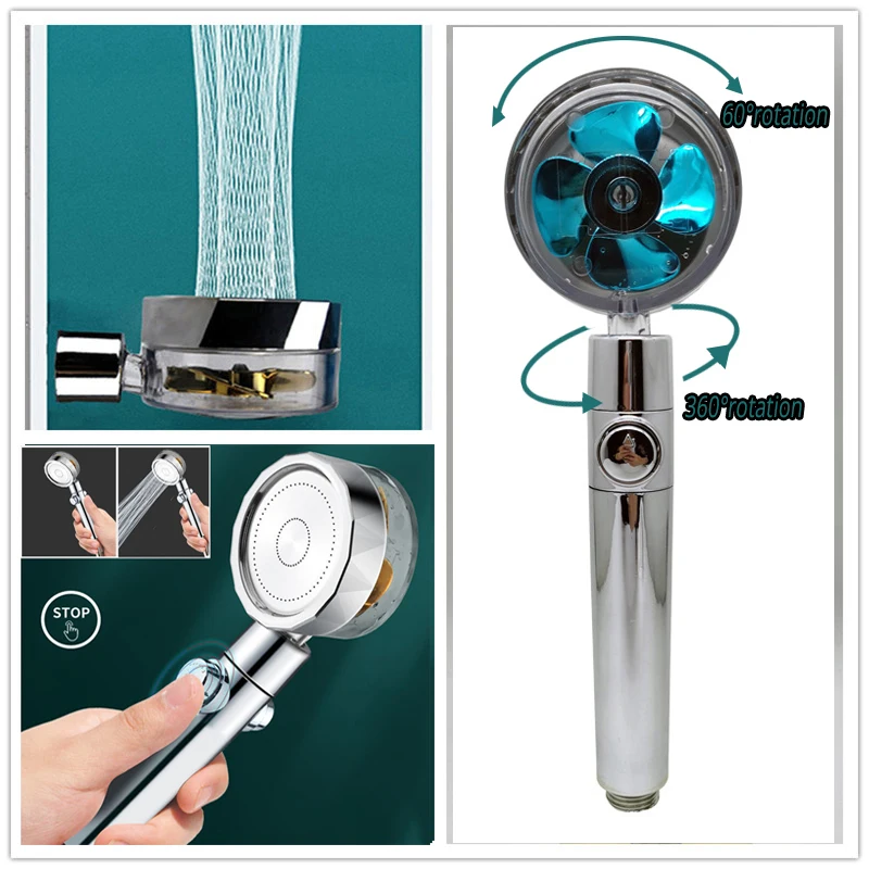 

Pressurized Rainfall Shower Head Adjustable 360°Spin Water Saving With Small Fan Hand-held Spray Nozzle Bathroom Accessories