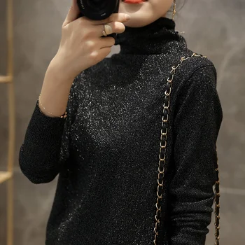 Pull à col roulé pour femme, manches longues, fil brillant en Y, chemise de fond en tricot intérieur, tout match, automne, hiver, nouveau, pys, 2023