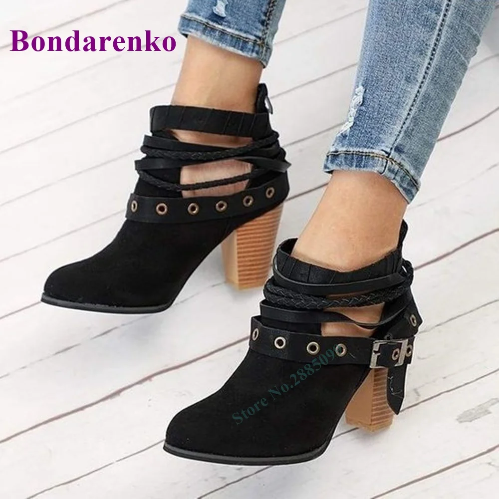 

Suede Ankle Buckle Straps Warpped Boots Pointed Toe Chunky High Heel Back Zipper Women Spring Autume Party Dress Short Boots