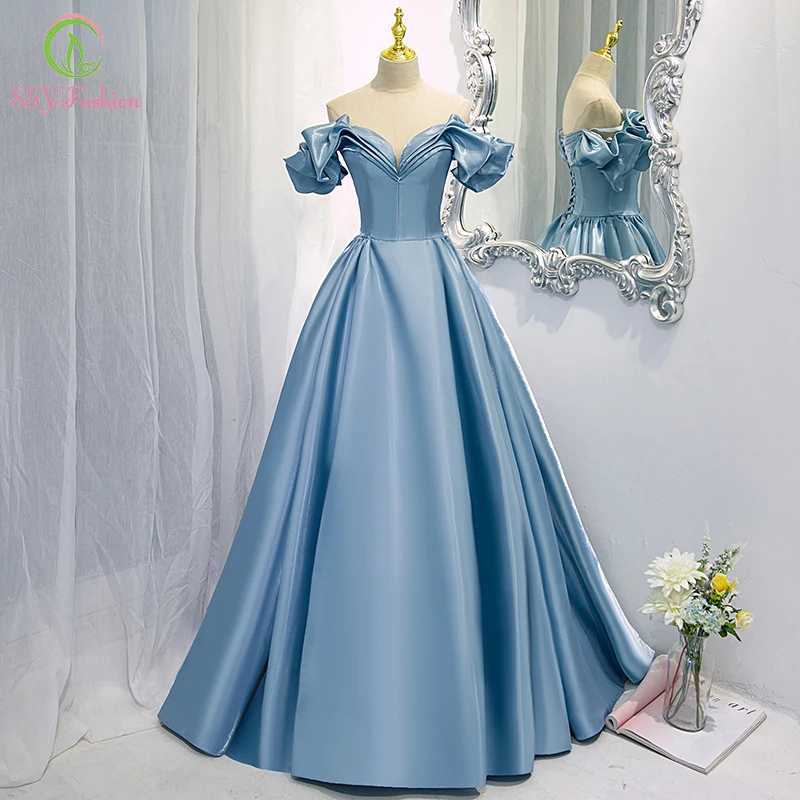 

SSYFashion New Blue Satin Evening Dress Banquet Princess Boat Neck A-line Floor-length Evening Party Gowns Vestidos De Fiesta