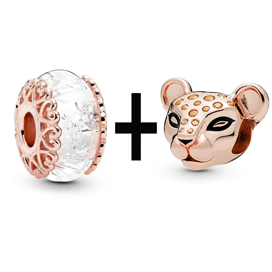 Buipoey Rose Gold Plated Princess Lion Beaded White Glass Charm Fit Brands beads Bracelet necklace For Women Snake Chain Jewelry