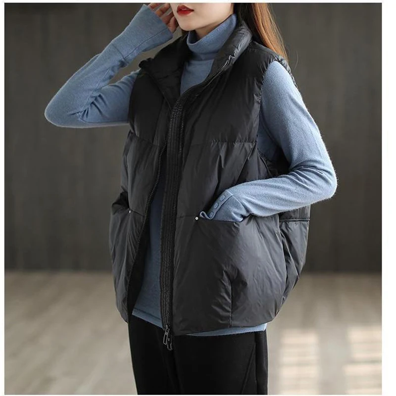 2024 New Body Warmer Women's Down Vest Jacket Loose White Duck Down Thick Waistcoat Vest Zipper Sleeveless Coat For Women