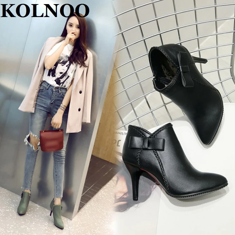 

Kolnoo New Handmade Ladies Stiletto High Heels Boots Butterfly-Knot Deco Low-Cut Dress Ankle Boots Sexy Evening Fashion Shoes