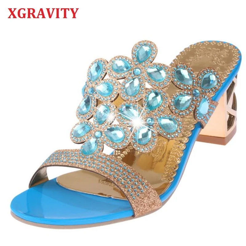 

XGRAVITY Fashion Crystal Chunky Heel Shoes Open Toe Summer Slides Elegant Women Fashion Pumps Sexy Rhinestone SHoes B094