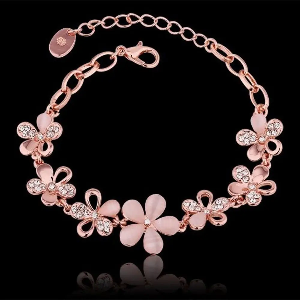 Charming 18K Rose Gold Plated Women Pink Cat's Eye Opal Flower Chain Bracelet Gift For Women Girl