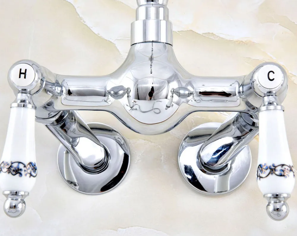 Silver Chrome Brass Wall Mounted Double Handles Bathroom Kitchen Sink Faucet Mixer Tap Swivel Spout - Adjusts From 3-3/8