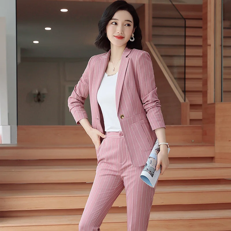 2024 New Work Fashion Pant Suits 2 Piece Set for Women Striped Blazer Jacket & Trouser Office Business Suit Lady Suit Feminino